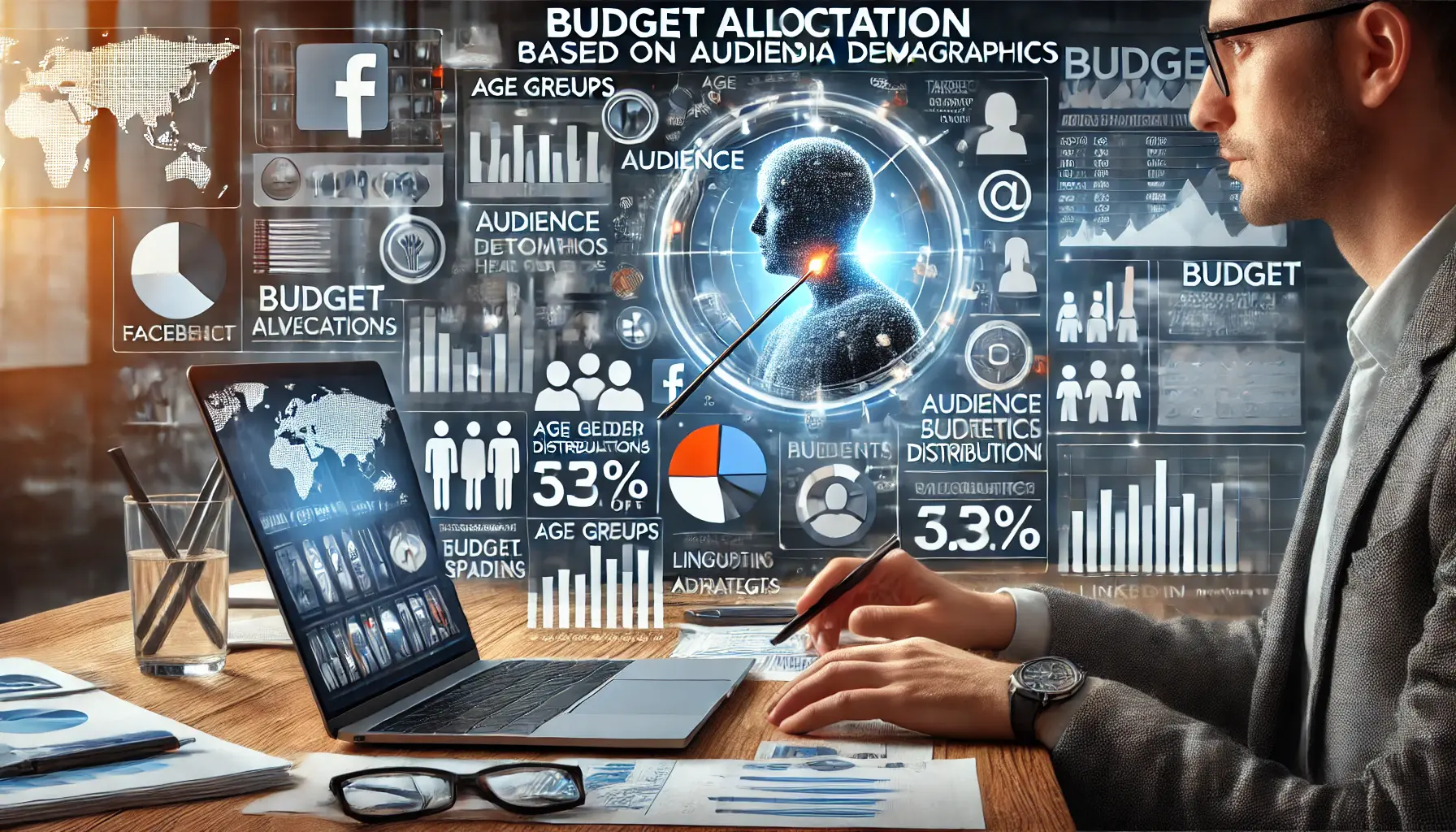 A digital illustration of a business workspace with a digital dashboard displaying audience demographics, including age groups, gender distribution, and geographic insights. A marketing professional analyzes pie charts, bar graphs, and heatmaps while adjusting budget allocations for social media platforms.