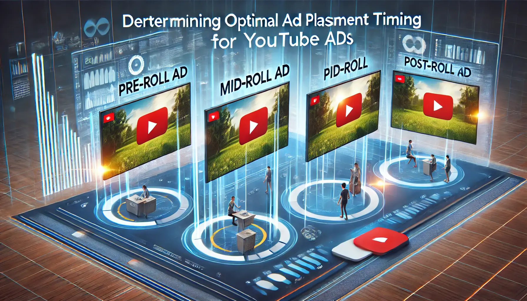 A visual representation of determining optimal ad placement timing, showing pre-roll, mid-roll, and post-roll ads in YouTube video players.