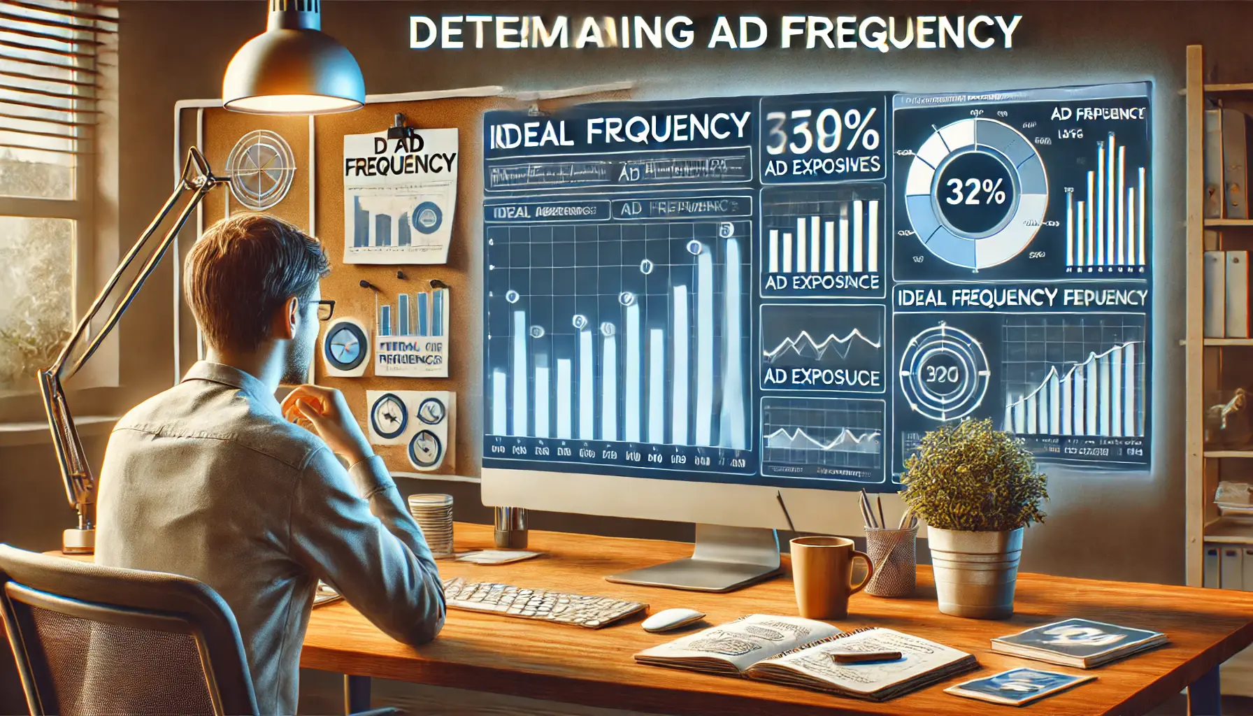 A marketer analyzing ad performance data on a dashboard with frequency charts and graphs, sitting at a desk with a coffee cup, notepad, and potted plant in a relaxed workspace.