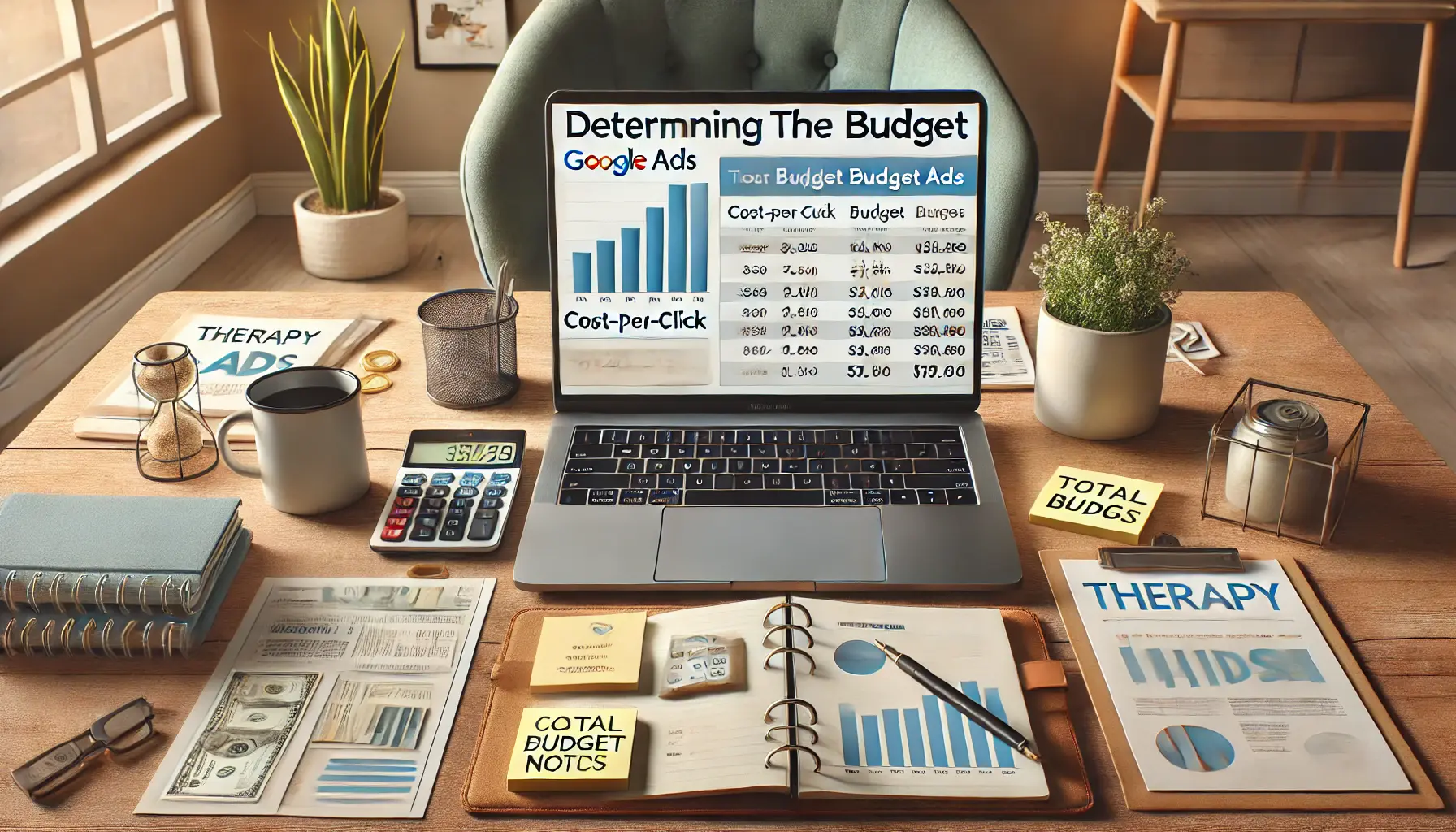 An image showcasing a laptop with a detailed budget breakdown for Google Ads, surrounded by financial tools and a calm therapy office setup.