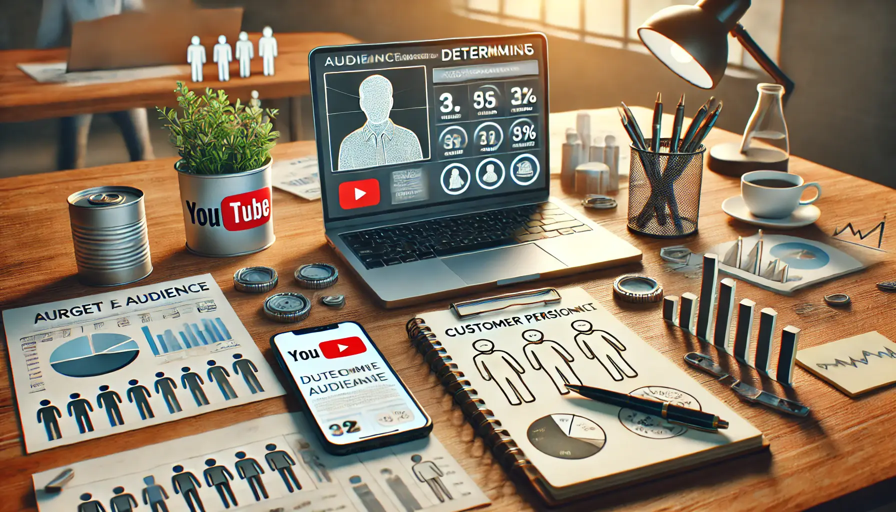 A workspace with a laptop showing audience segmentation tools, a smartphone displaying demographic data, and a notepad with customer personas sketches, symbolizing the process of determining a YouTube ad campaign's target audience.