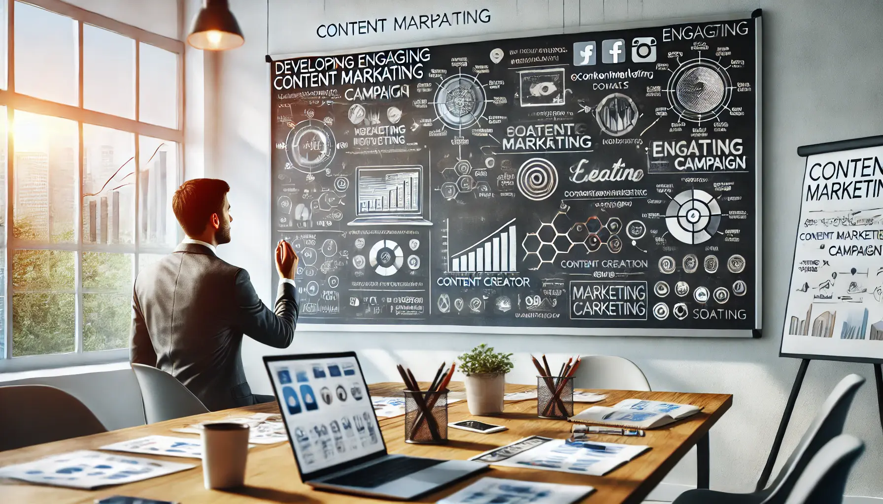 A content creator brainstorming and planning content marketing ideas on a whiteboard in a collaborative workspace.