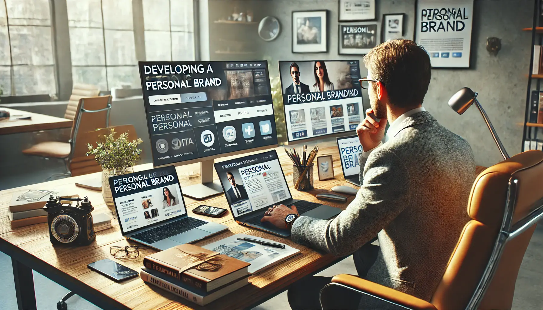 A professional working in a modern office, crafting content on a laptop, with multiple screens displaying personal branding elements like a website and social media profiles.