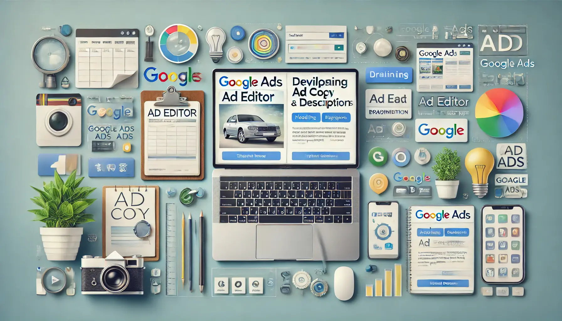 A workspace featuring a laptop with a Google Ads ad editor interface, surrounded by product images, a notepad with brainstorming ideas, and a camera symbolizing creative ad development.