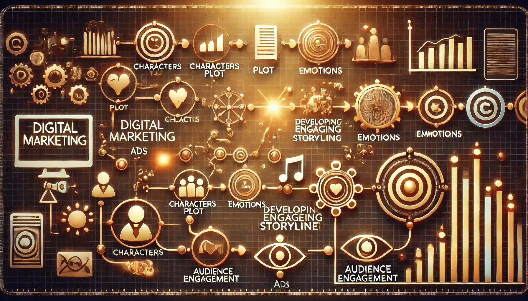 Image illustrating the process of developing engaging storylines for ads, with icons representing characters, plots, and emotions.