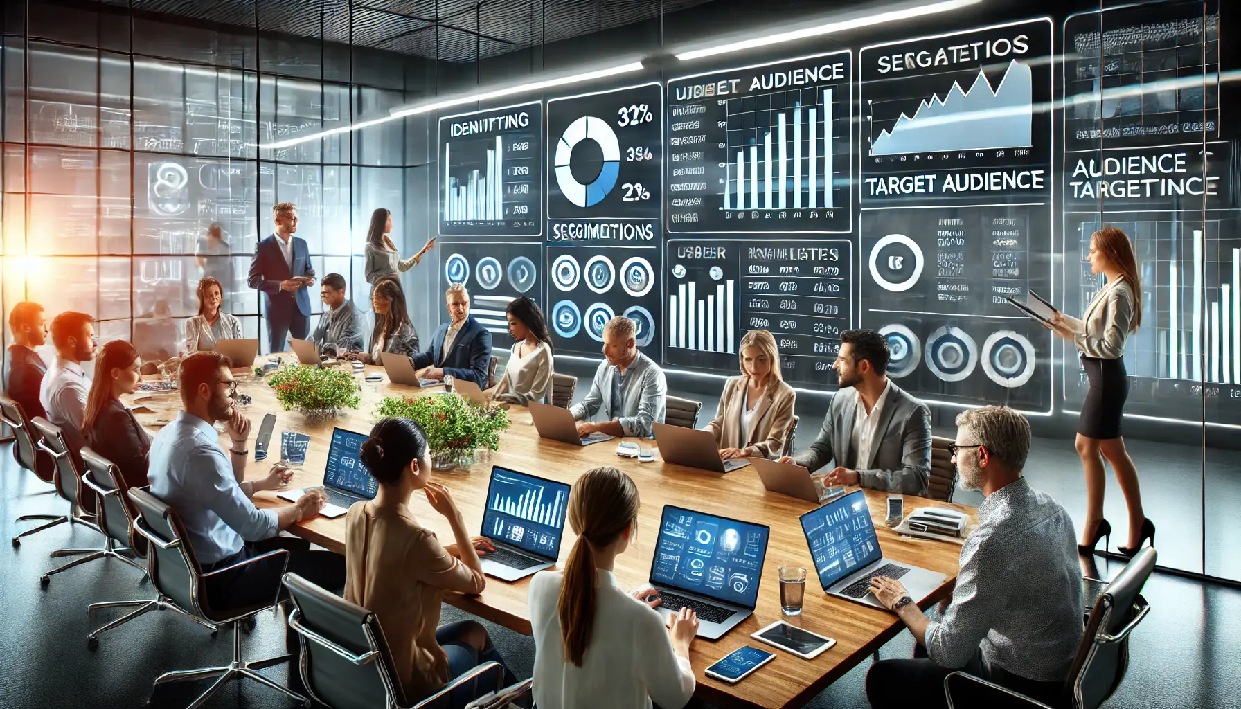 A digital marketing workspace where a team of professionals collaborates to create strategies using detailed analytics and segmentation tools on a large screen.