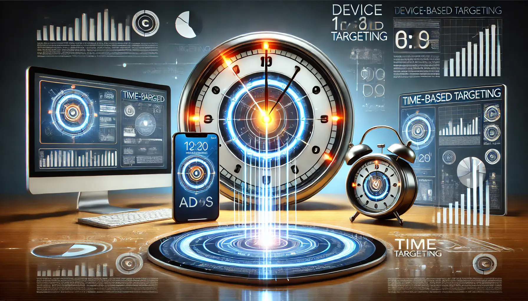 A scene featuring a smartphone, tablet, and desktop displaying targeted ads with a glowing clock in the background symbolizing time-based targeting, surrounded by data streams and analytics charts.