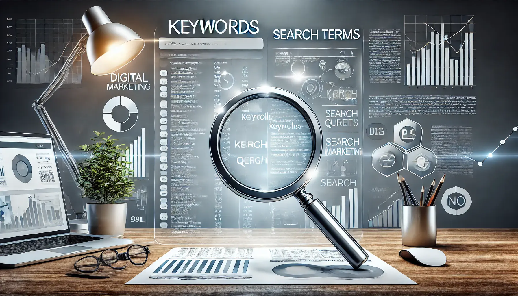 A modern workspace showing a comparison between keywords and search terms, featuring a keyword list and a magnifying glass analyzing search queries with surrounding data charts.