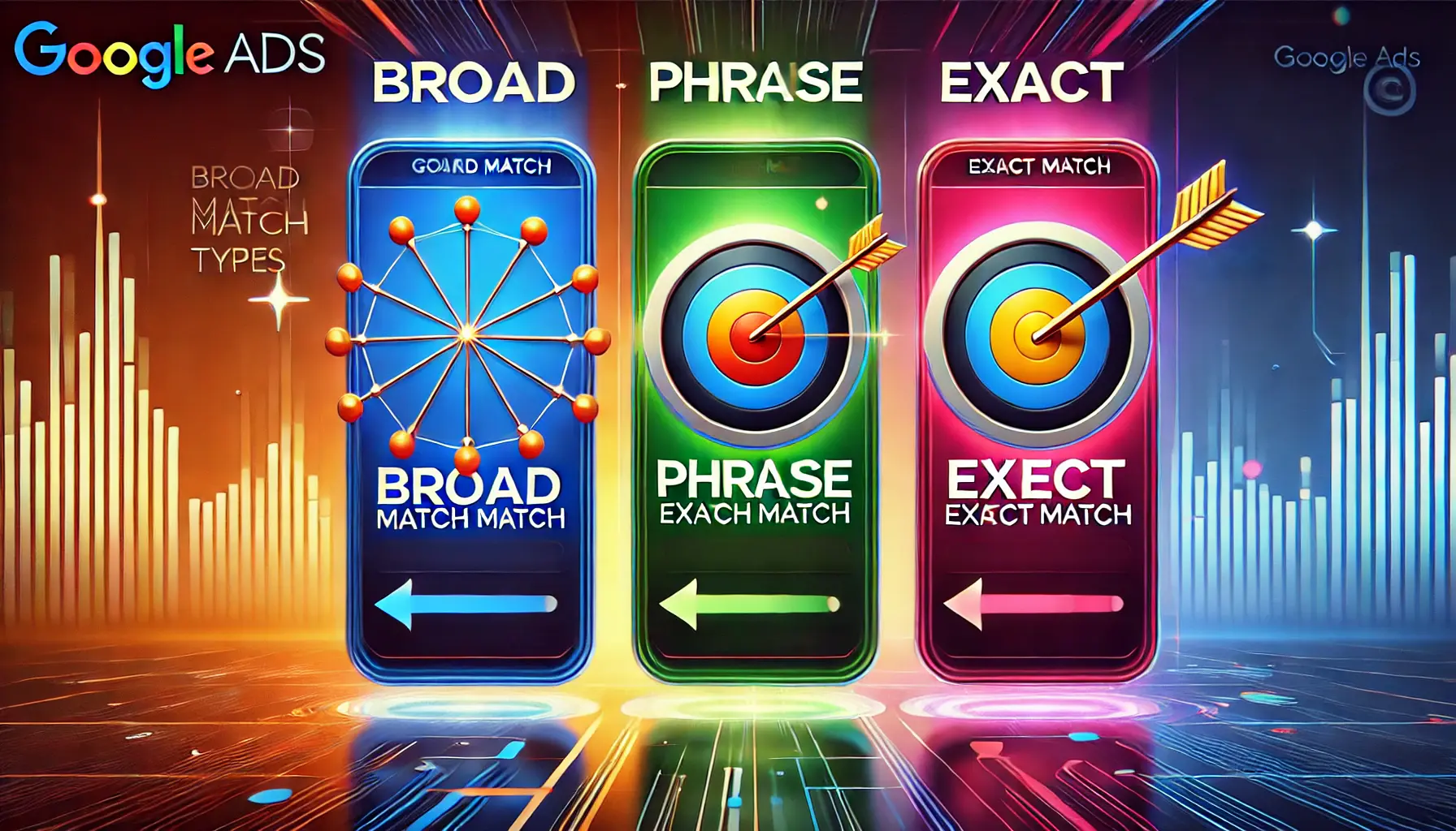 An abstract representation comparing broad match as a wide-reaching web, phrase match as a targeted arrow, and exact match as a precise bullseye.