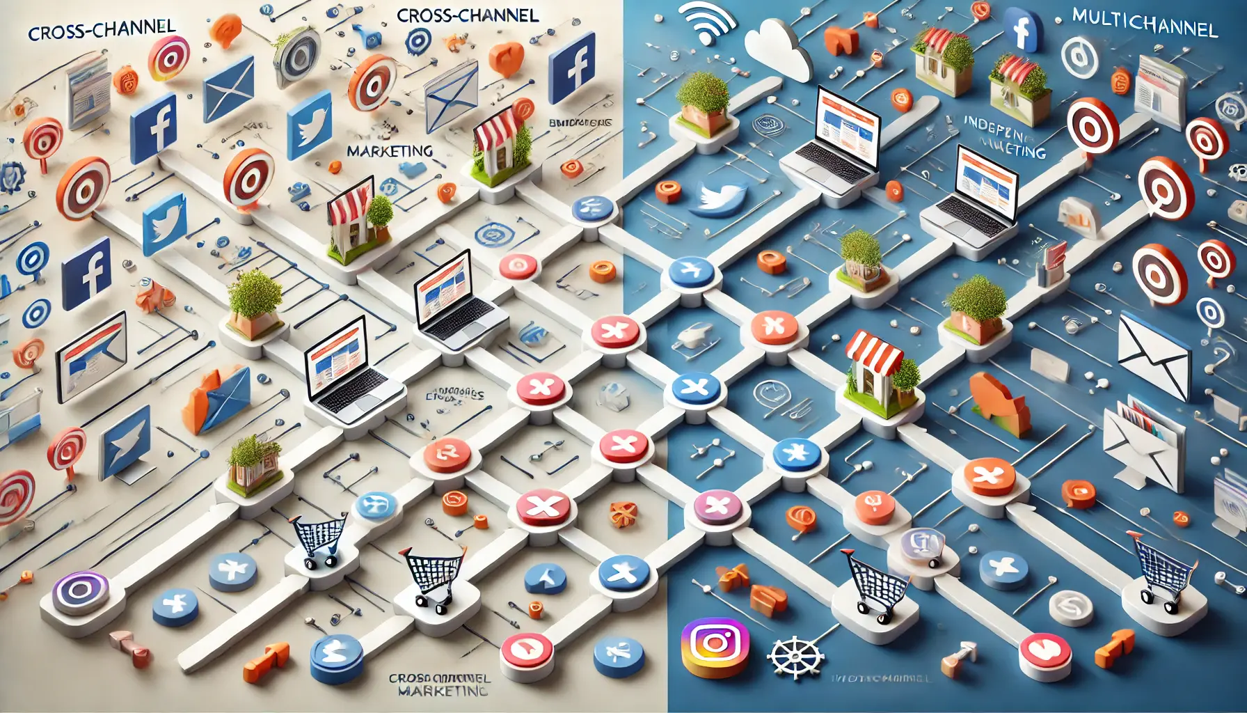 An image showcasing the differences between cross-channel and multichannel marketing, with interconnected pathways representing cross-channel and disconnected platforms symbolizing multichannel.