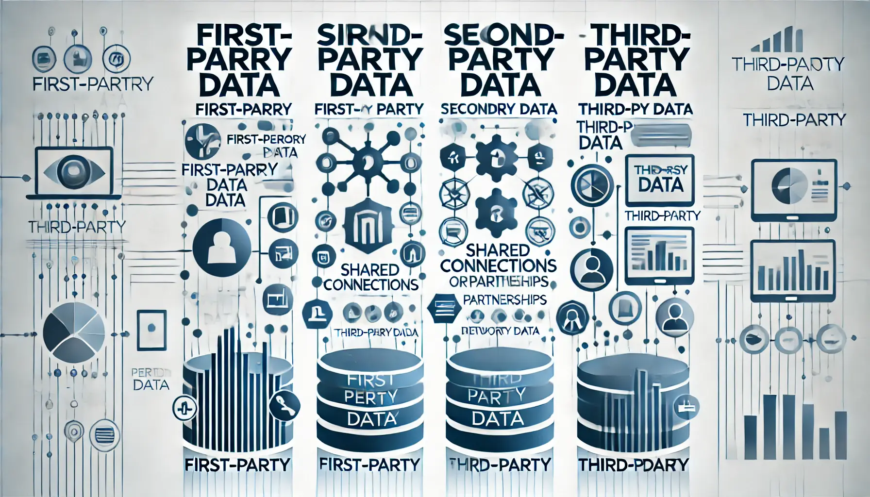 An illustrative image showing distinctions between first-party, second-party, and third-party data with visual layers representing user profiles, partnerships, and broad networks on a modern background.