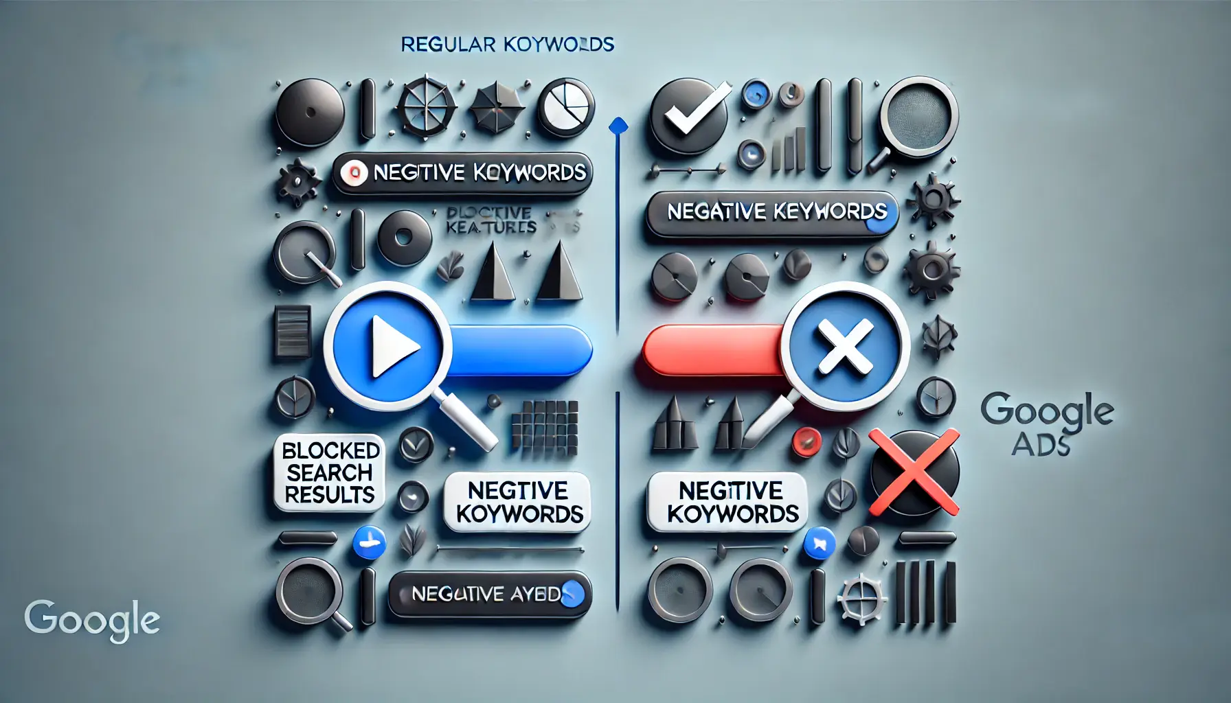 Abstract icons representing regular keywords and negative keywords, with visual cues like arrows and filters to show the distinction.