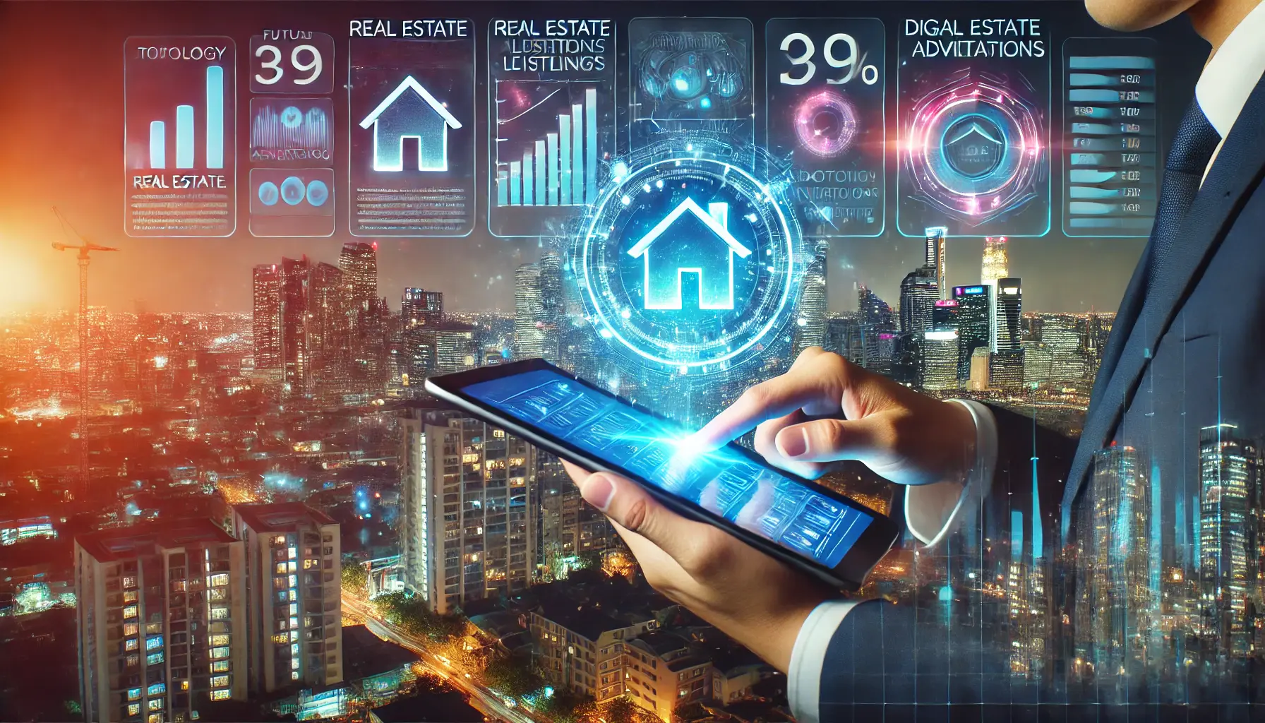 A futuristic scene of a real estate agent using a high-tech tablet with holographic real estate listings and data visualizations against a modern city skyline.