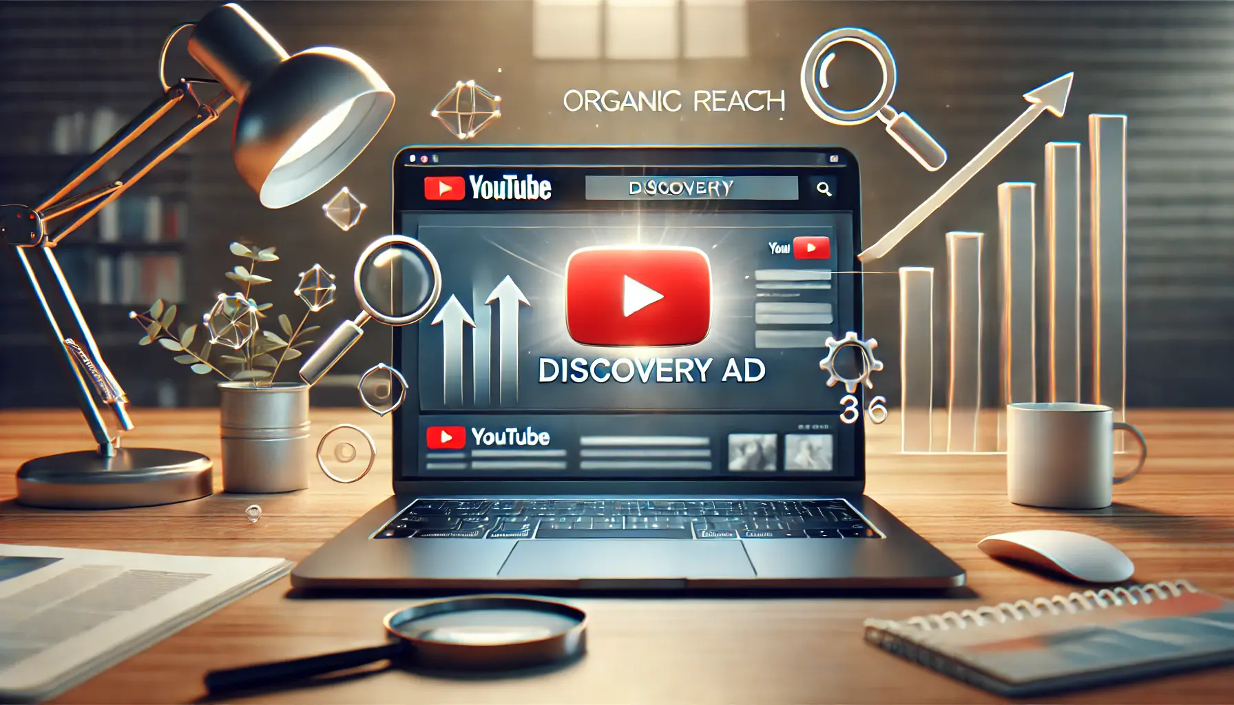 A laptop displaying YouTube search results with a prominently placed discovery ad, surrounded by icons for growth and engagement.