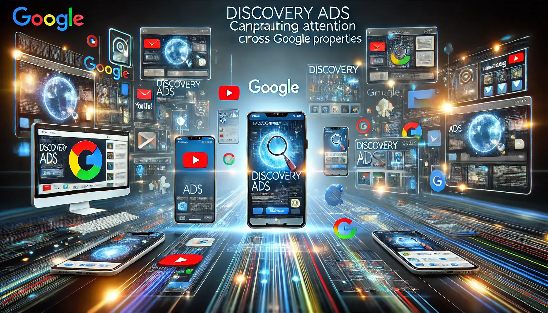 Discovery Ads displayed across various Google platforms like YouTube, Gmail, and Google Discover, seamlessly integrated into user feeds.