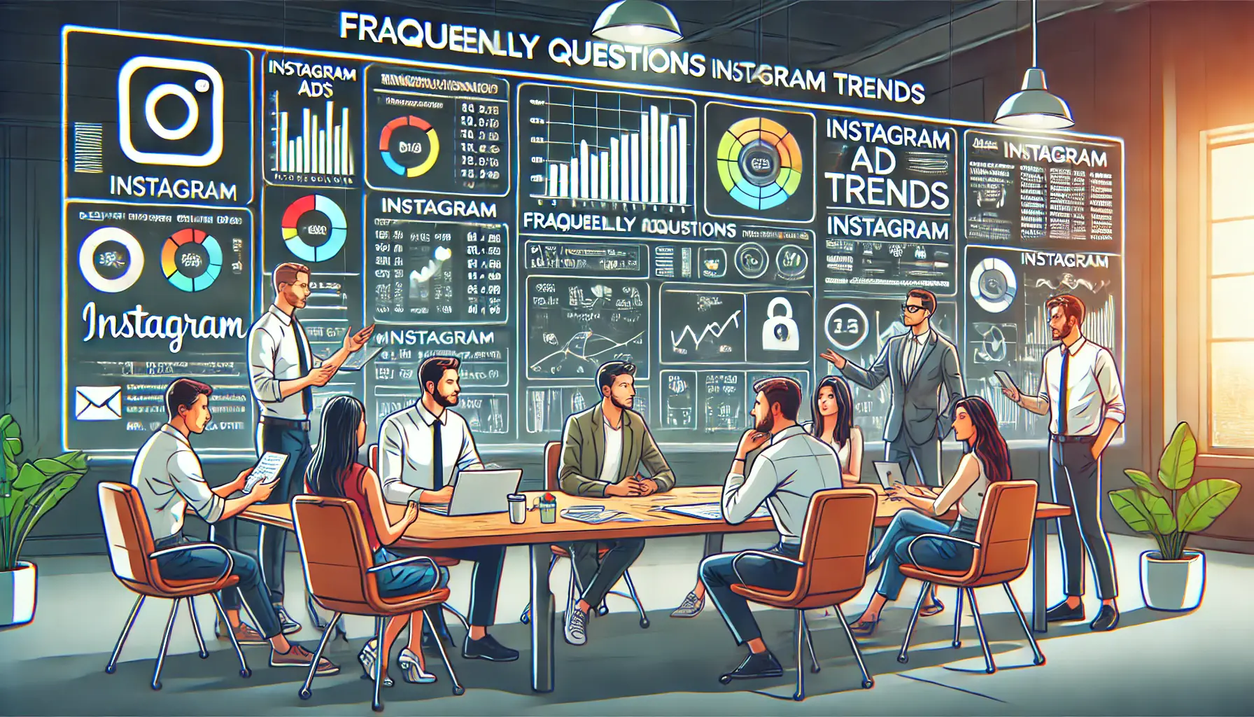 A digital marketing team discussing frequently asked questions about Instagram ad trends, with performance metrics and data points displayed on a screen.