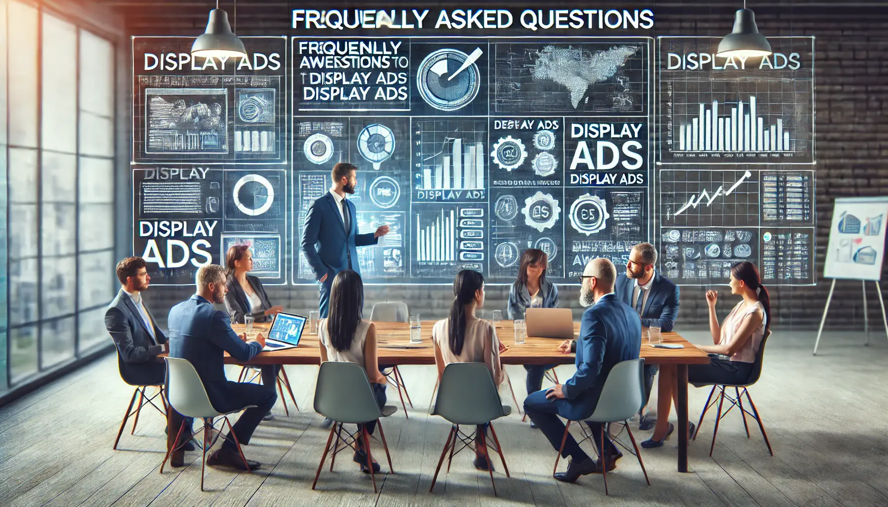 A digital marketing team discussing frequently asked questions about display ads and brand awareness, with data and charts on display.