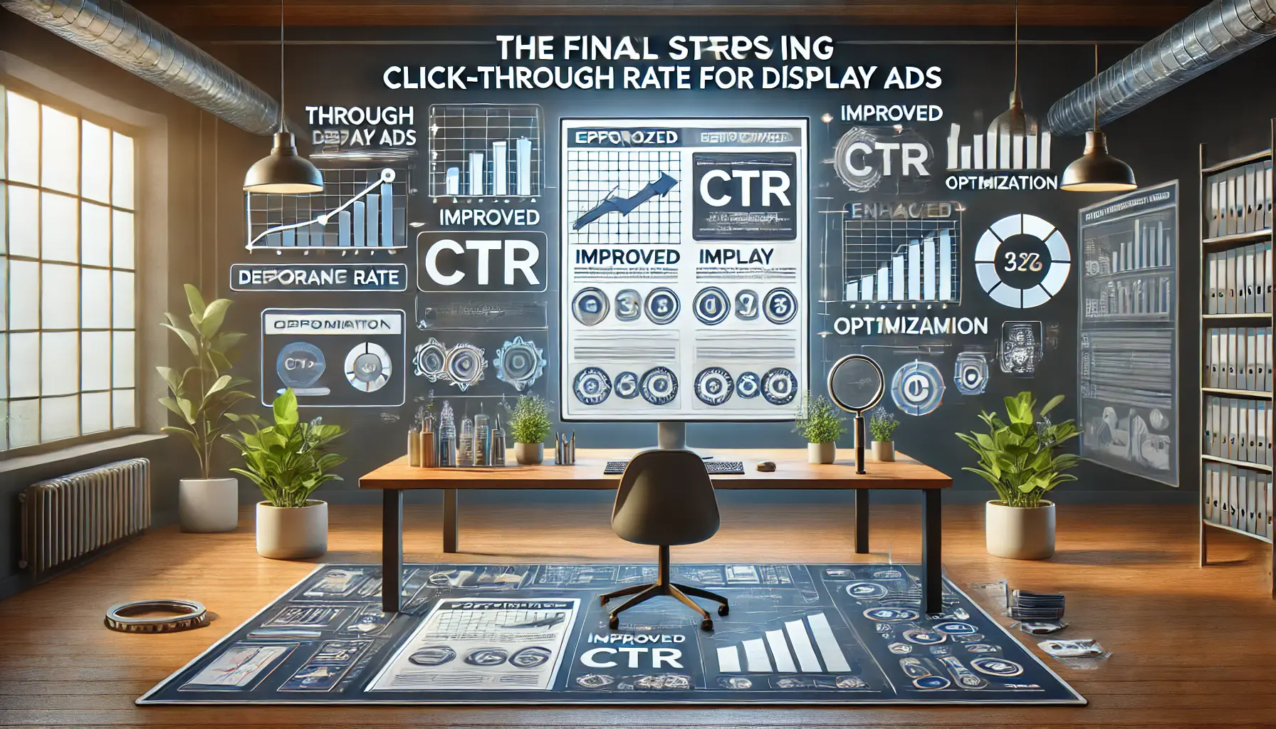 A digital workspace showing optimized display ads with improved visuals, calls-to-action, and performance metrics for CTR growth