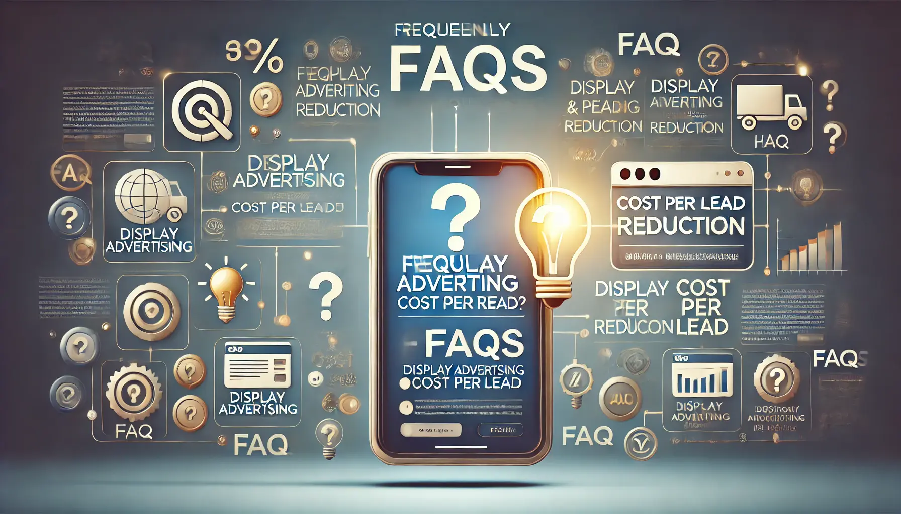 An image illustrating frequently asked questions about display advertising cost per lead reduction, with icons like question marks and light bulbs.