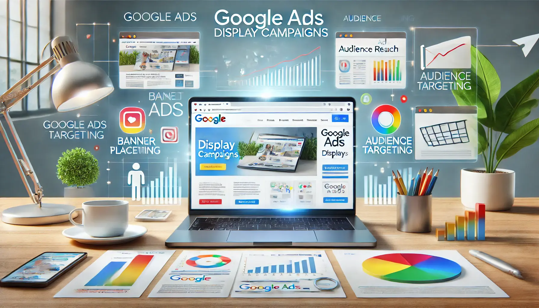 A laptop displaying a website with banner ads, surrounded by digital icons representing wide audience reach and engagement.