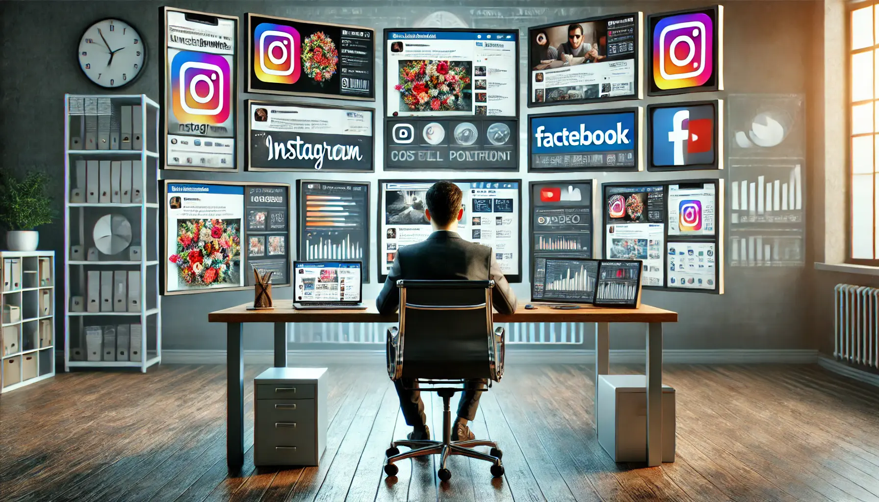 A digital marketer using multiple screens to distribute content across social media platforms.