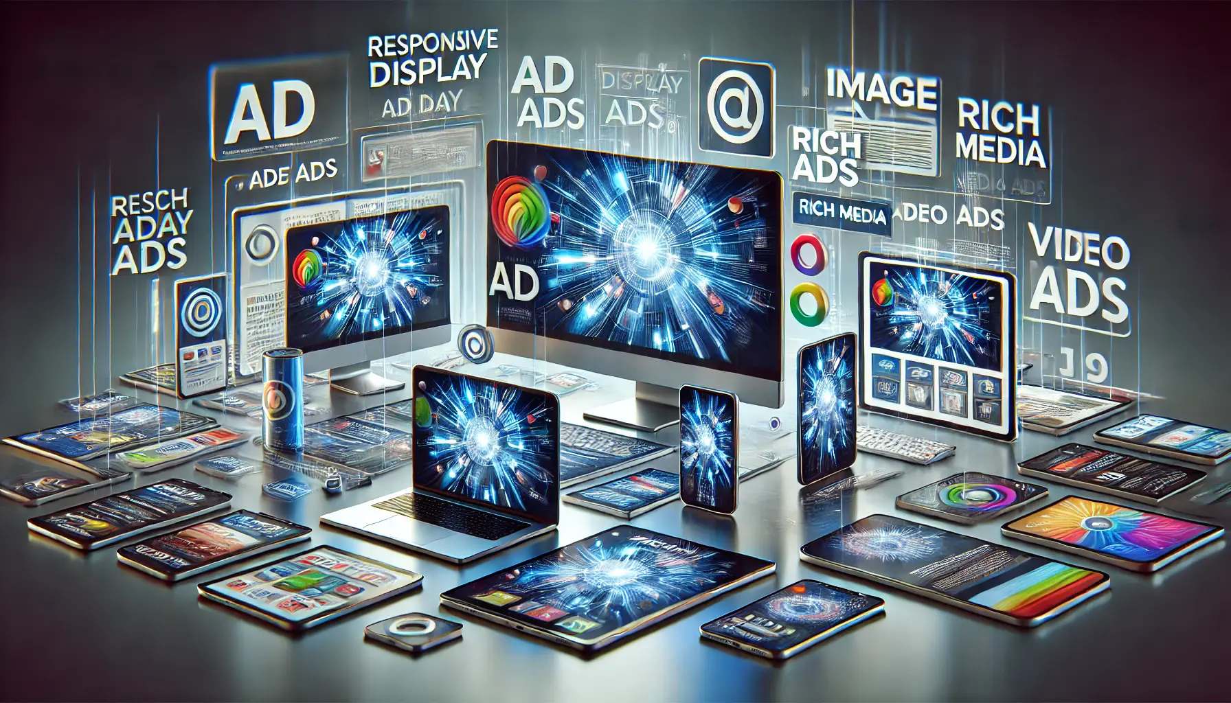 An image showcasing various digital ad formats like responsive display ads, image ads, and rich media ads on different devices such as desktop, tablet, and mobile.