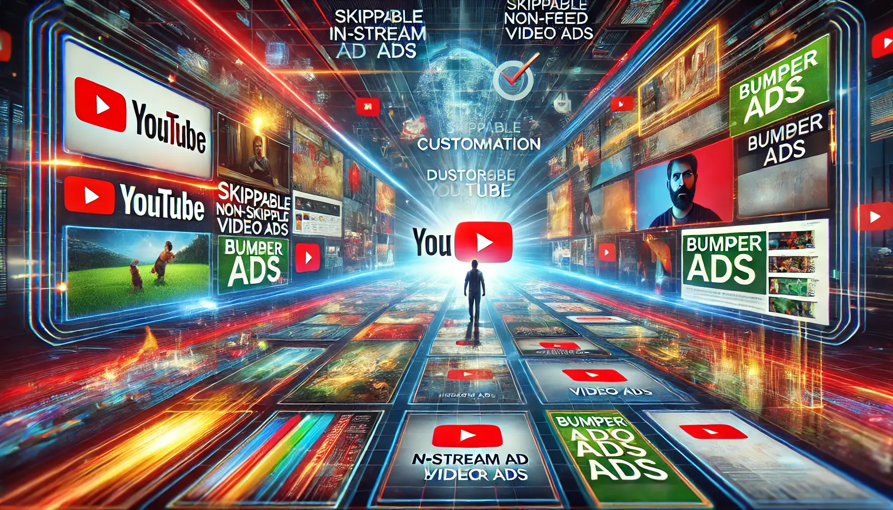 A futuristic video interface showcasing diverse YouTube ad formats like skippable ads, bumper ads, and in-feed video ads with dynamic thumbnails and timelines.