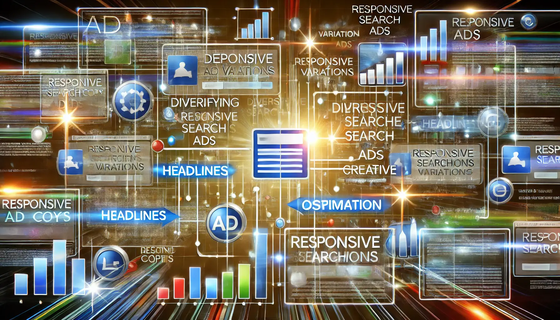 Illustration of diversifying ad copy variations with connected elements, indicating optimization in digital marketing.