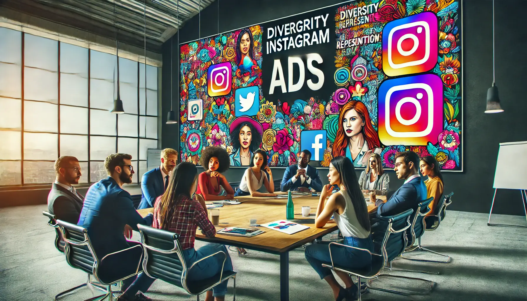 A diverse group of professionals finalizing a strategy for diversity representation in Instagram ads in a modern office setting.