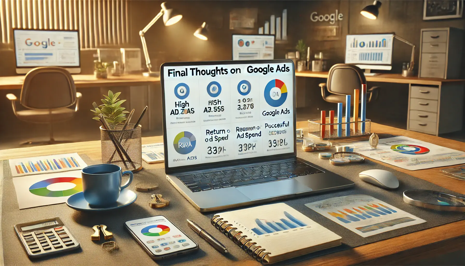 A laptop displaying a Google Ads dashboard with performance metrics like high return on ad spend (ROAS), successful conversion rates, and positive KPIs, surrounded by a smartphone, notebook, coffee cup, and success-related graphs in a modern office setting.