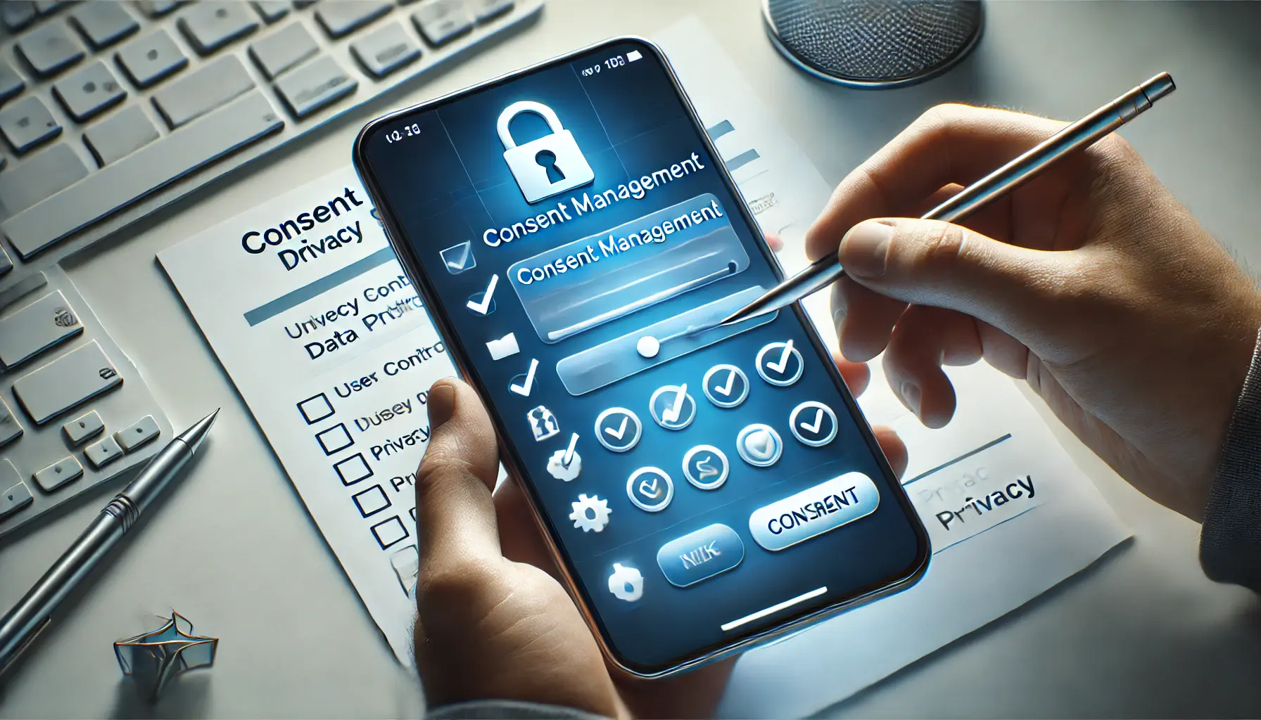 An image showing a smartphone with a consent form or privacy settings screen, featuring icons for user control like checkboxes, toggles, and lock symbols.