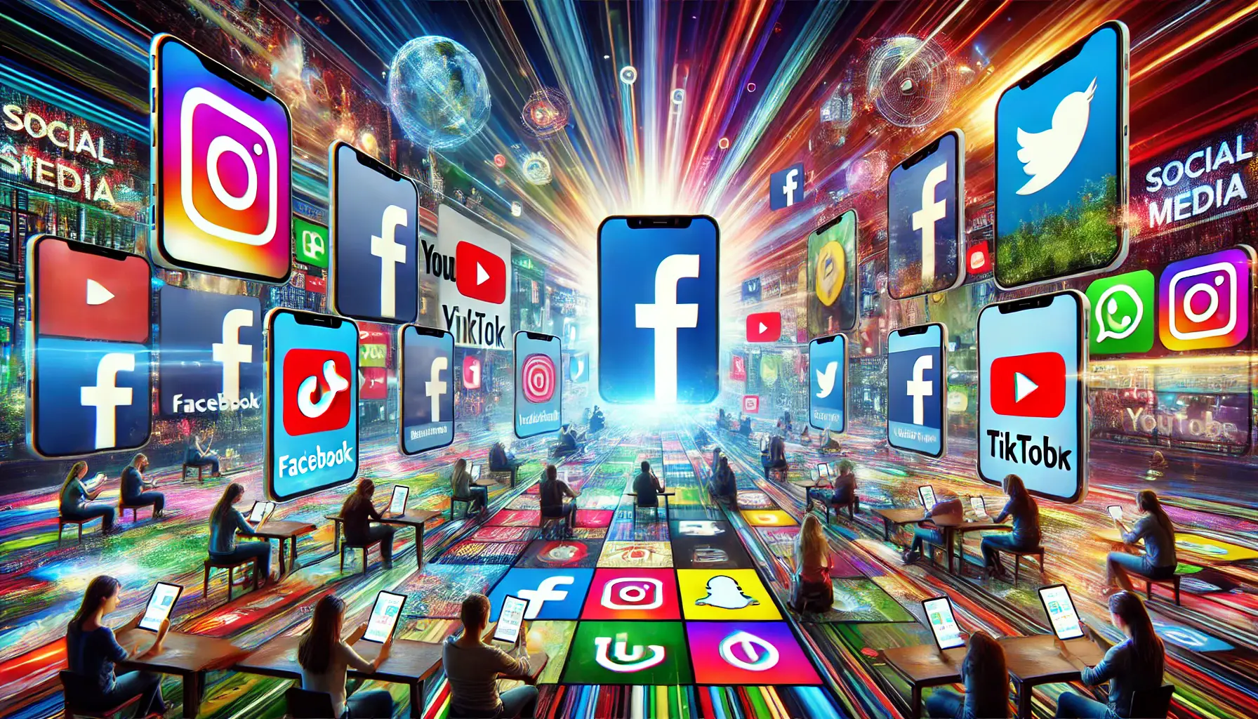 Mobile devices displaying vibrant ads from major social media platforms like Facebook, Instagram, TikTok, and YouTube.