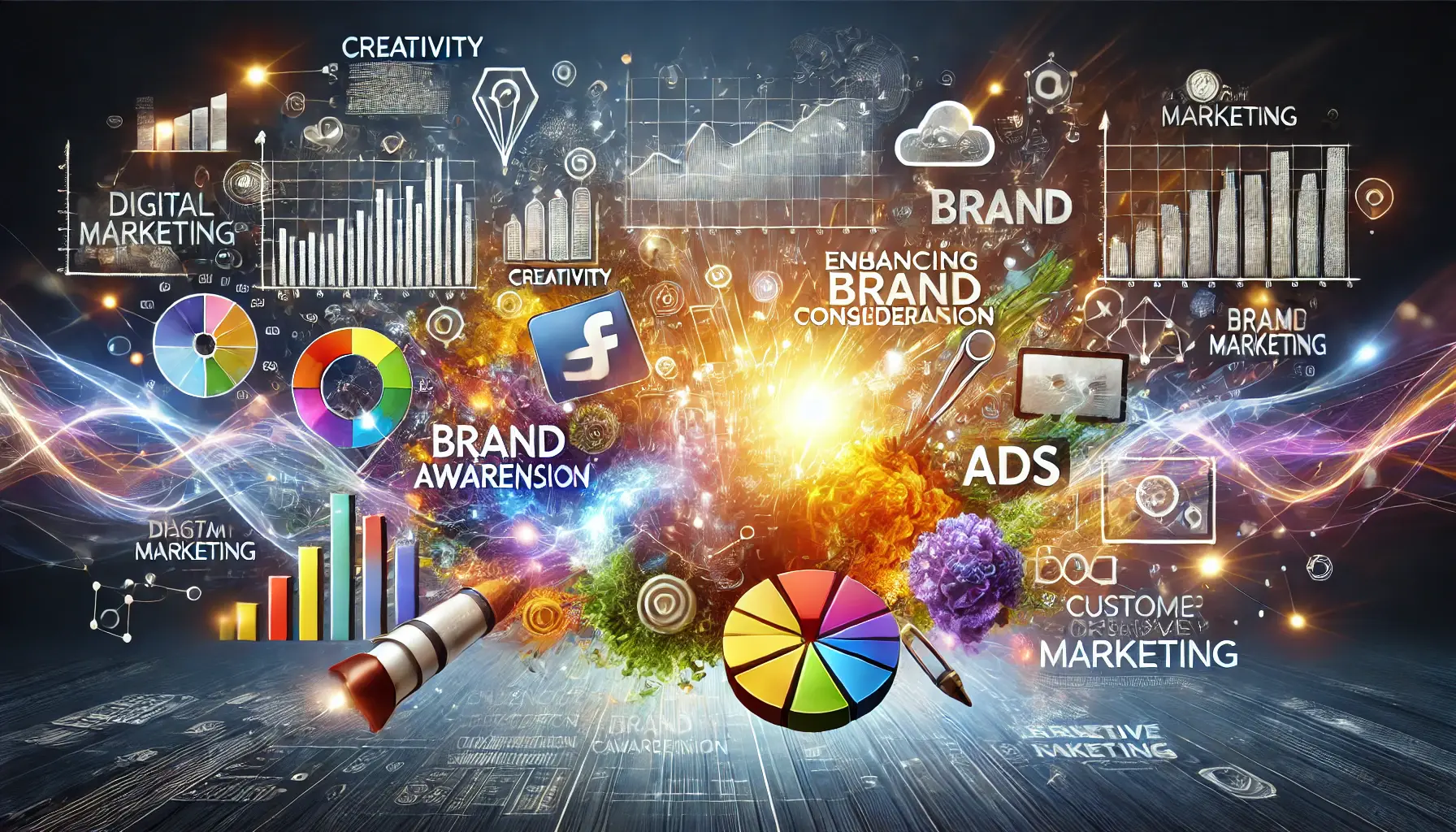 A visually engaging digital marketing scene with diverse digital ad icons representing data-driven marketing techniques for enhancing brand consideration.