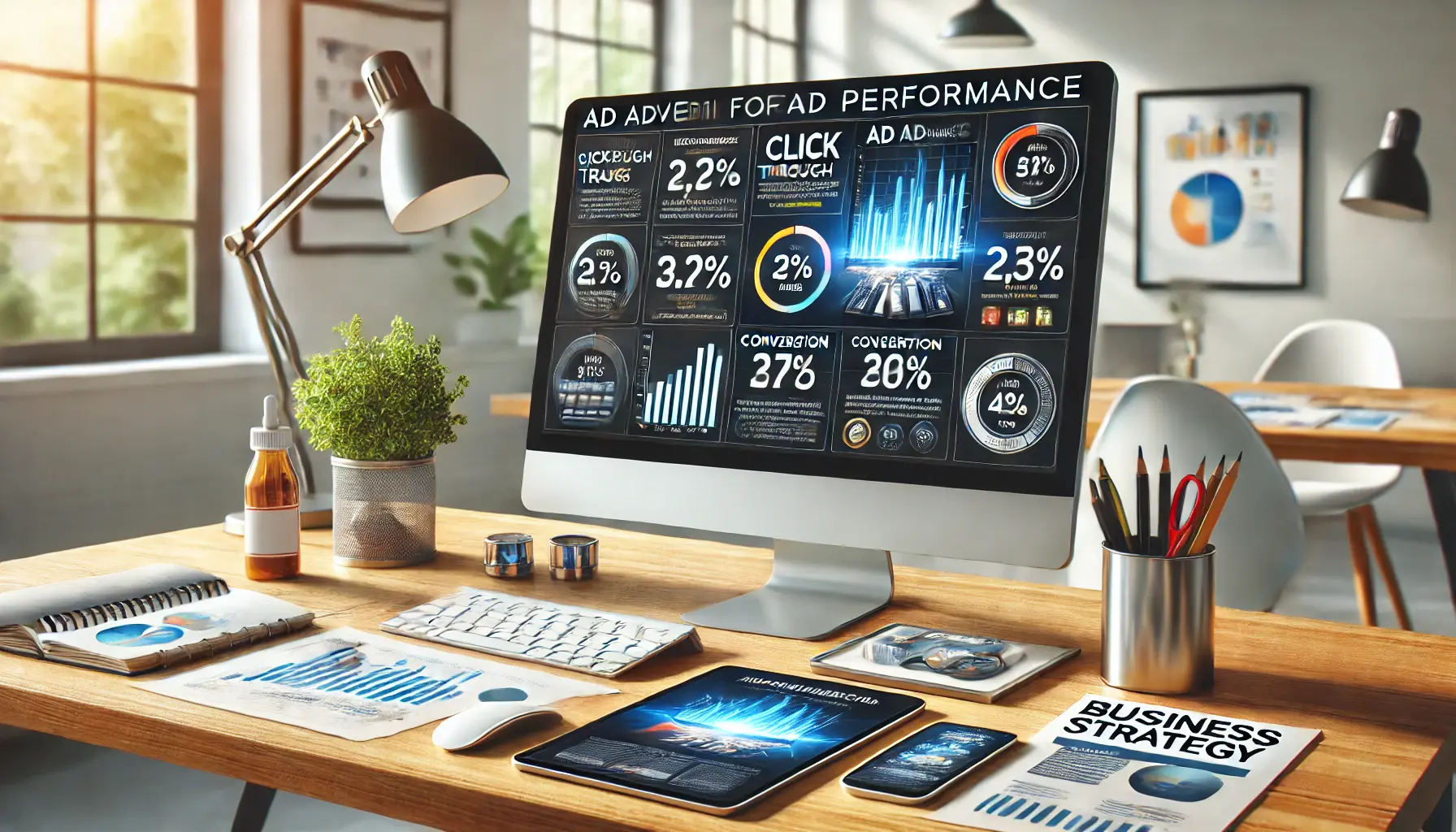 A computer screen displaying ad performance metrics, including click-through rates and conversion rates, with high-quality product visuals.