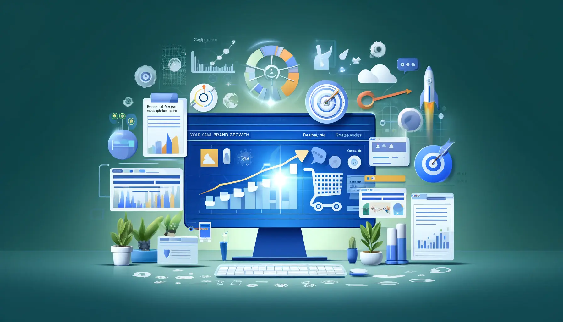 Digital marketing platform displaying Google Ads tools and growth graphs, symbolizing brand growth through Google Ads.