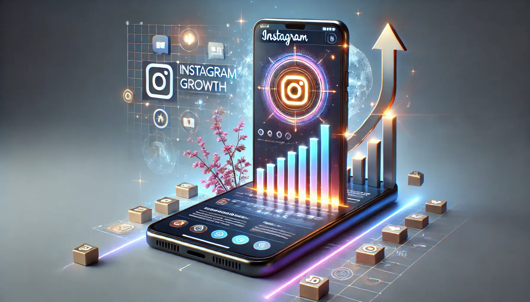 An image showing a smartphone displaying an Instagram Reel showcasing a product or service, surrounded by engagement icons and growth indicators.