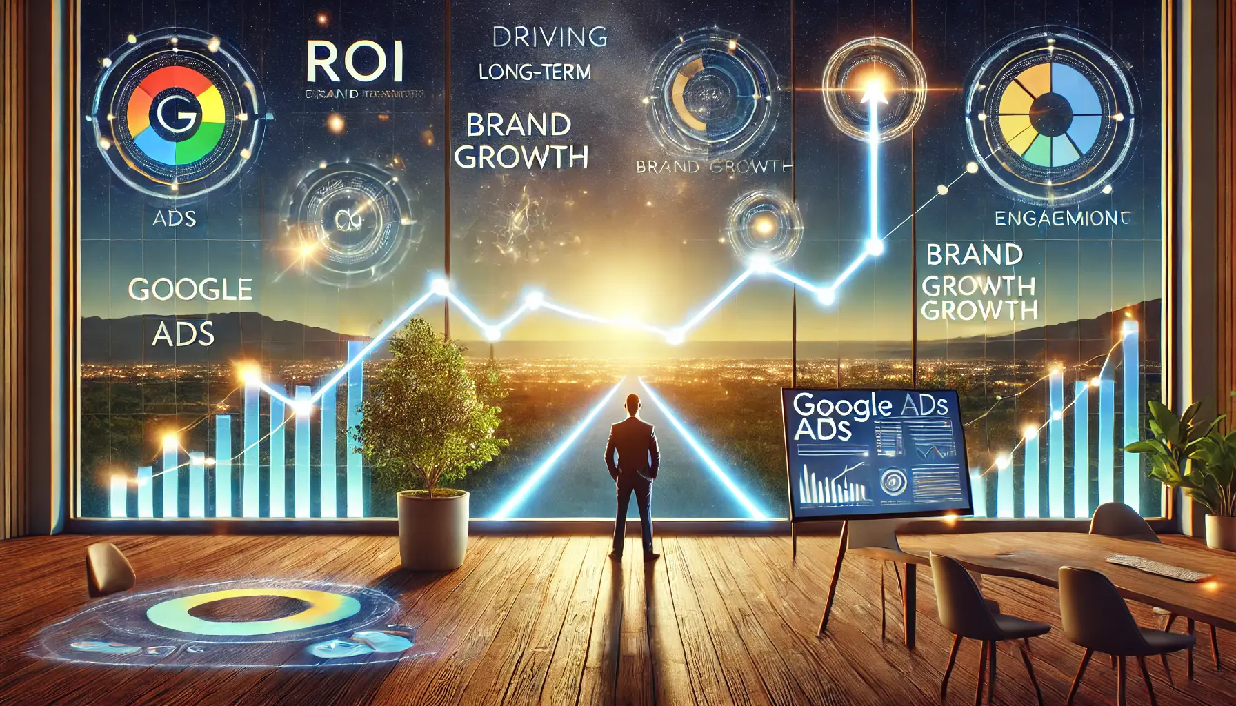 A timeline stretching into the horizon with glowing icons for ROI, brand growth, and audience engagement, accompanied by a digital marketing dashboard and upward-trending graphs.