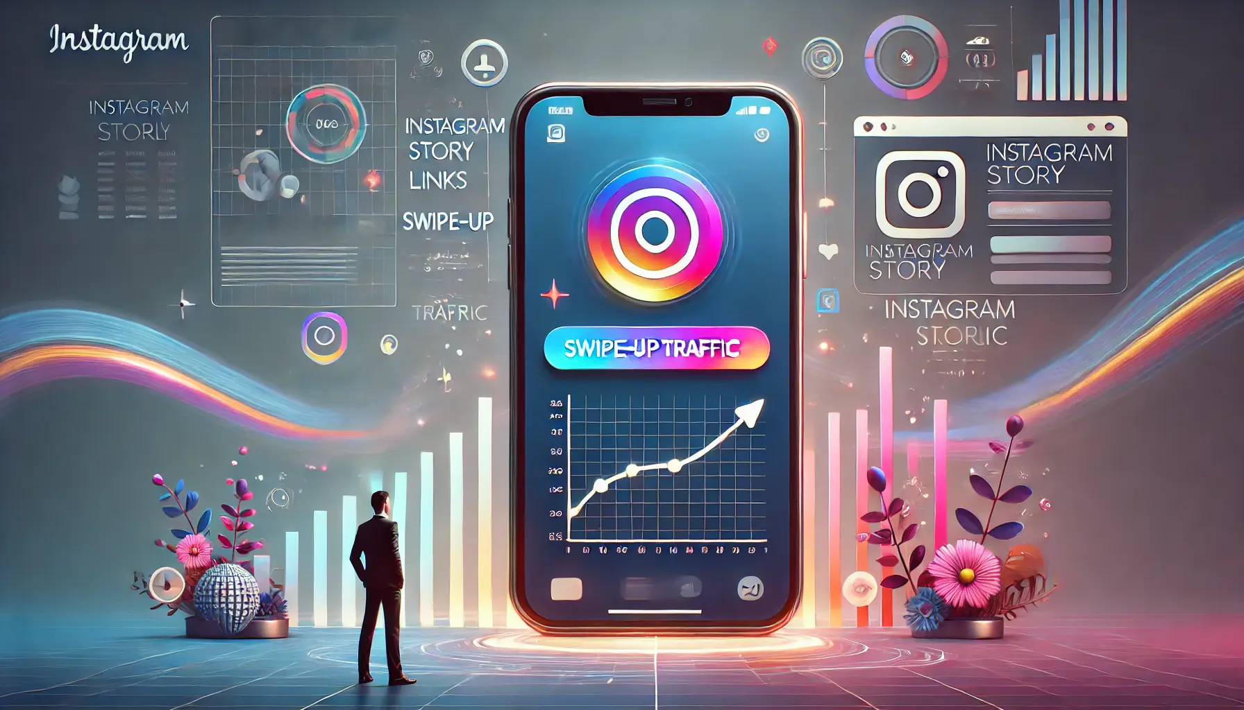 An Instagram story showcasing a swipe-up interaction leading to a website landing page, emphasizing increased traffic and user engagement.