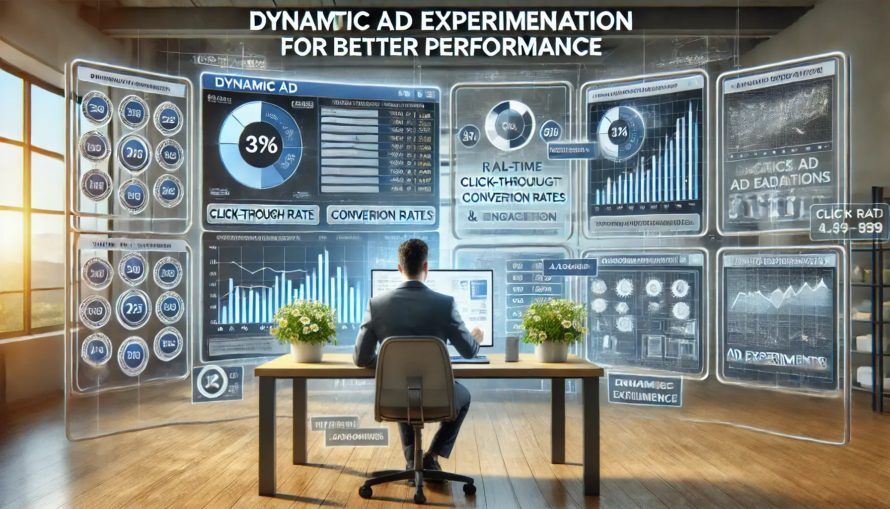 A digital marketing professional analyzing dynamic ad experiments on multiple screens to improve ad performance.