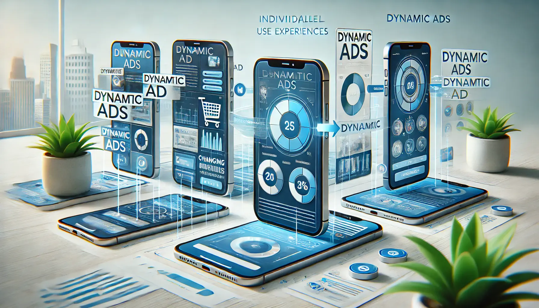 Dynamic ad formats adapting in real-time based on user data, showing personalized elements like images and offers.