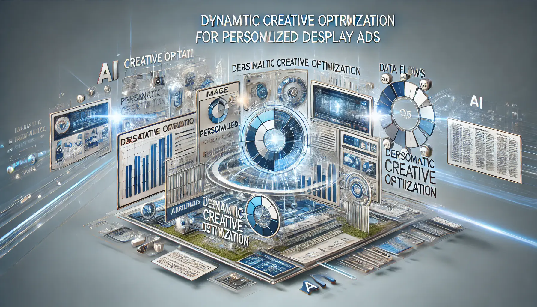 Abstract illustration of dynamic creative optimization with personalized display ads, data flows, and AI-driven optimization tools in cool tones.