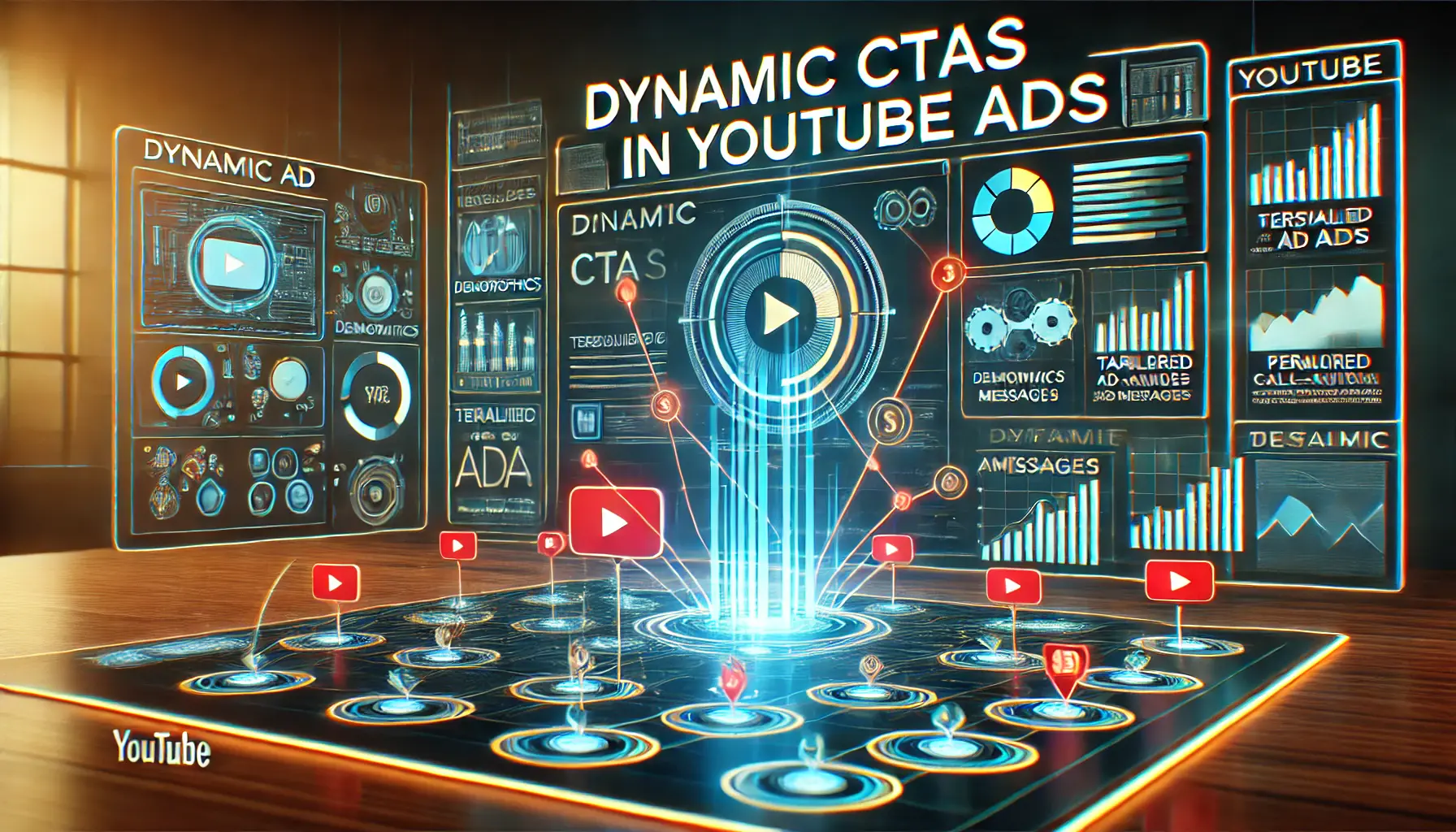 A dashboard analyzing viewer data with glowing personalized messages being connected to audience profiles, symbolizing dynamic CTAs in YouTube ads.