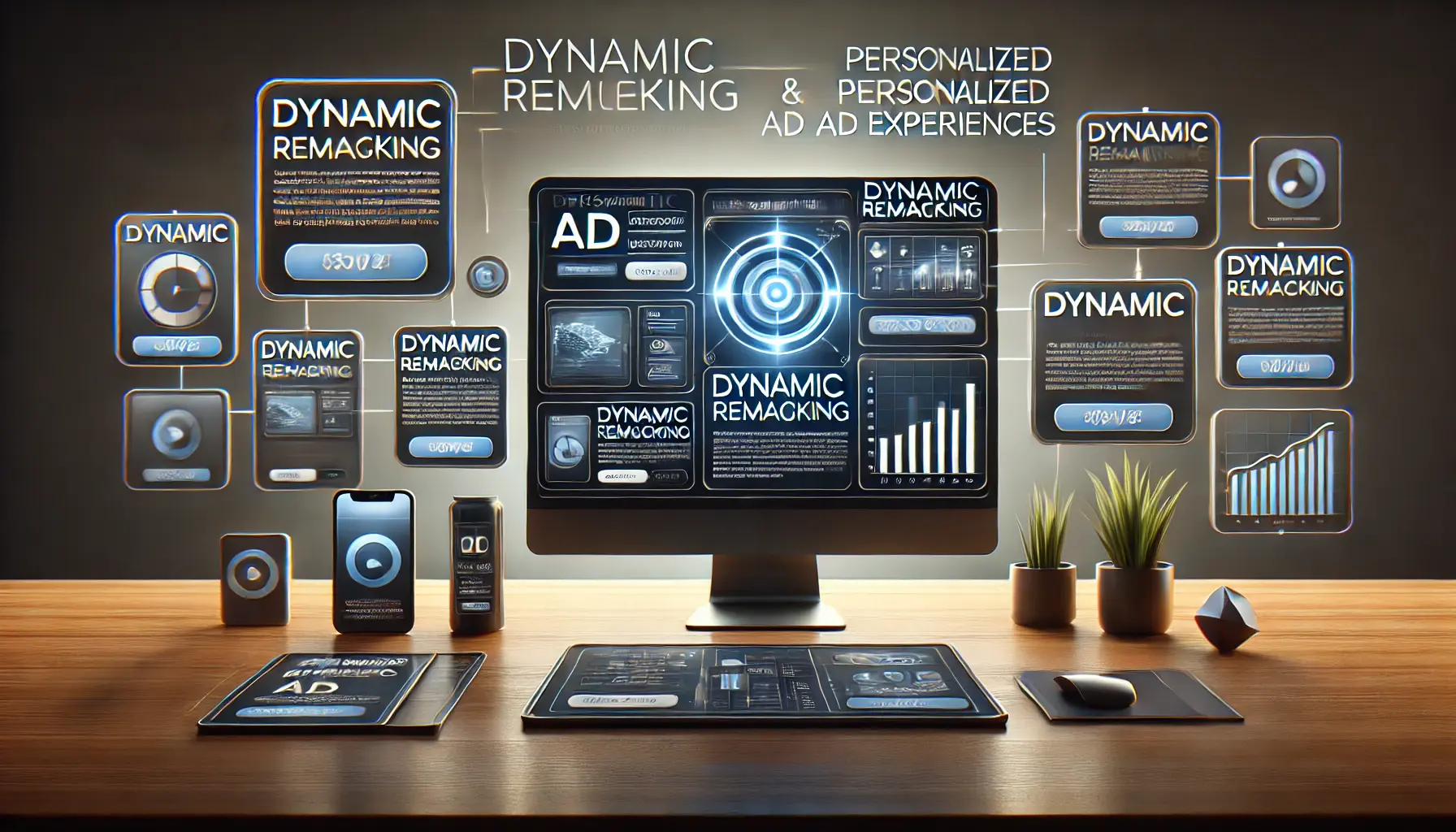 A modern digital marketing workspace showing a computer screen displaying dynamic personalized ads based on user behavior, with product images and offers on different devices.