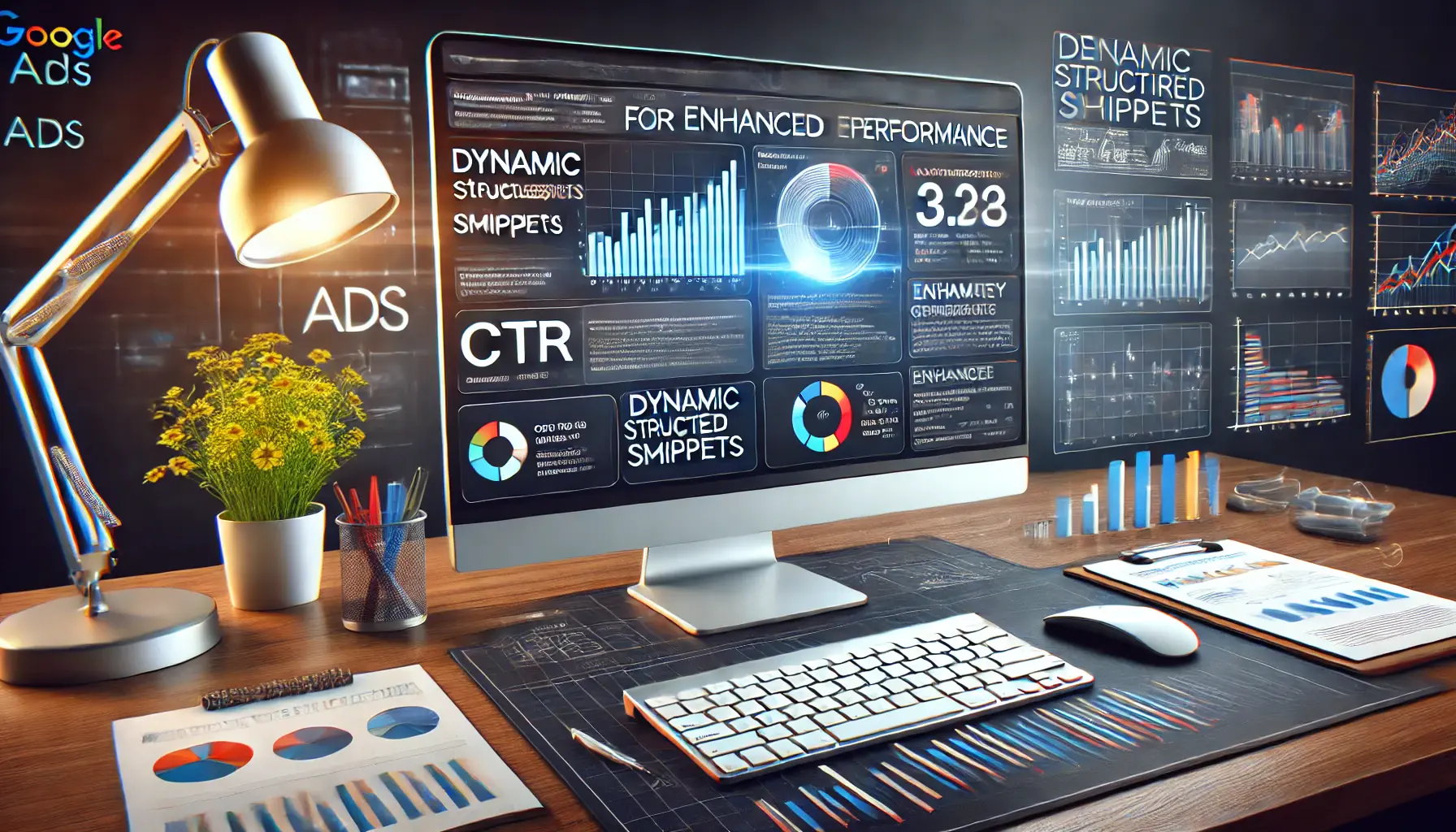 A Google Ads dashboard showcasing dynamic structured snippets contributing to enhanced performance metrics like CTR and conversions, in a professional workspace.