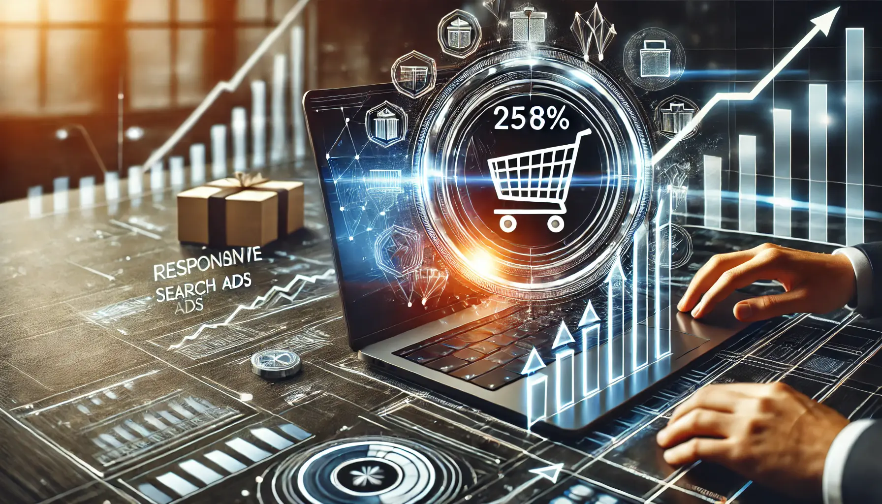 Visualization of e-commerce brand traffic increase by 258%, with performance graphs and upward growth indicators.