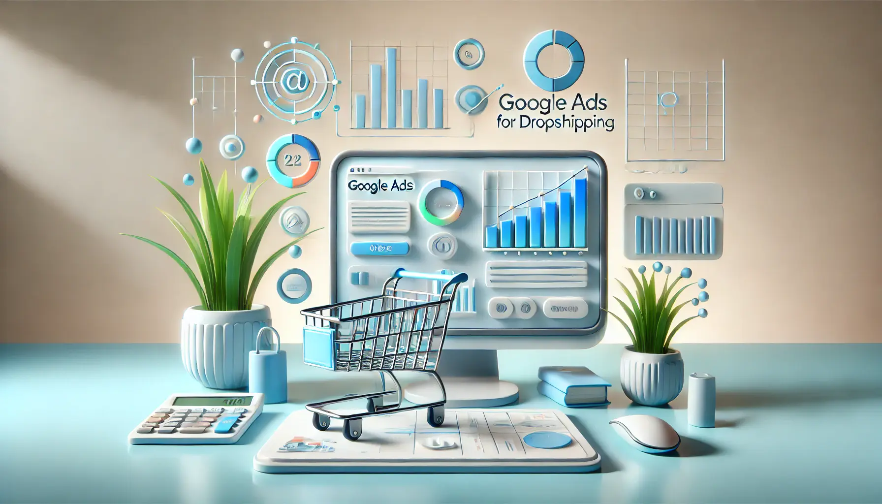 An abstract representation of digital marketing for e-commerce, featuring a computer monitor displaying Google Ads, shopping cart icons, and a growth graph in a minimalist workspace.