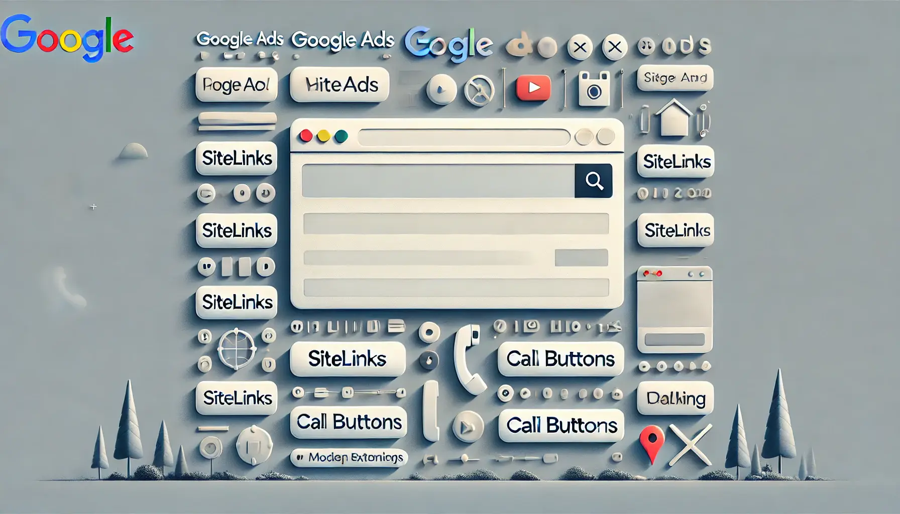 An illustration of a basic Google ad layout from the early 2000s, surrounded by faded icons symbolizing the absence of advanced ad extensions.