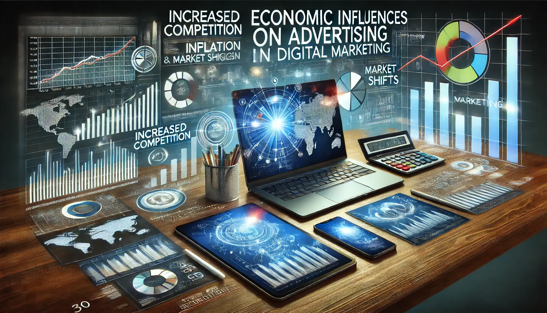 Visualization of economic influences on advertising with digital devices displaying charts and graphs reflecting economic factors.