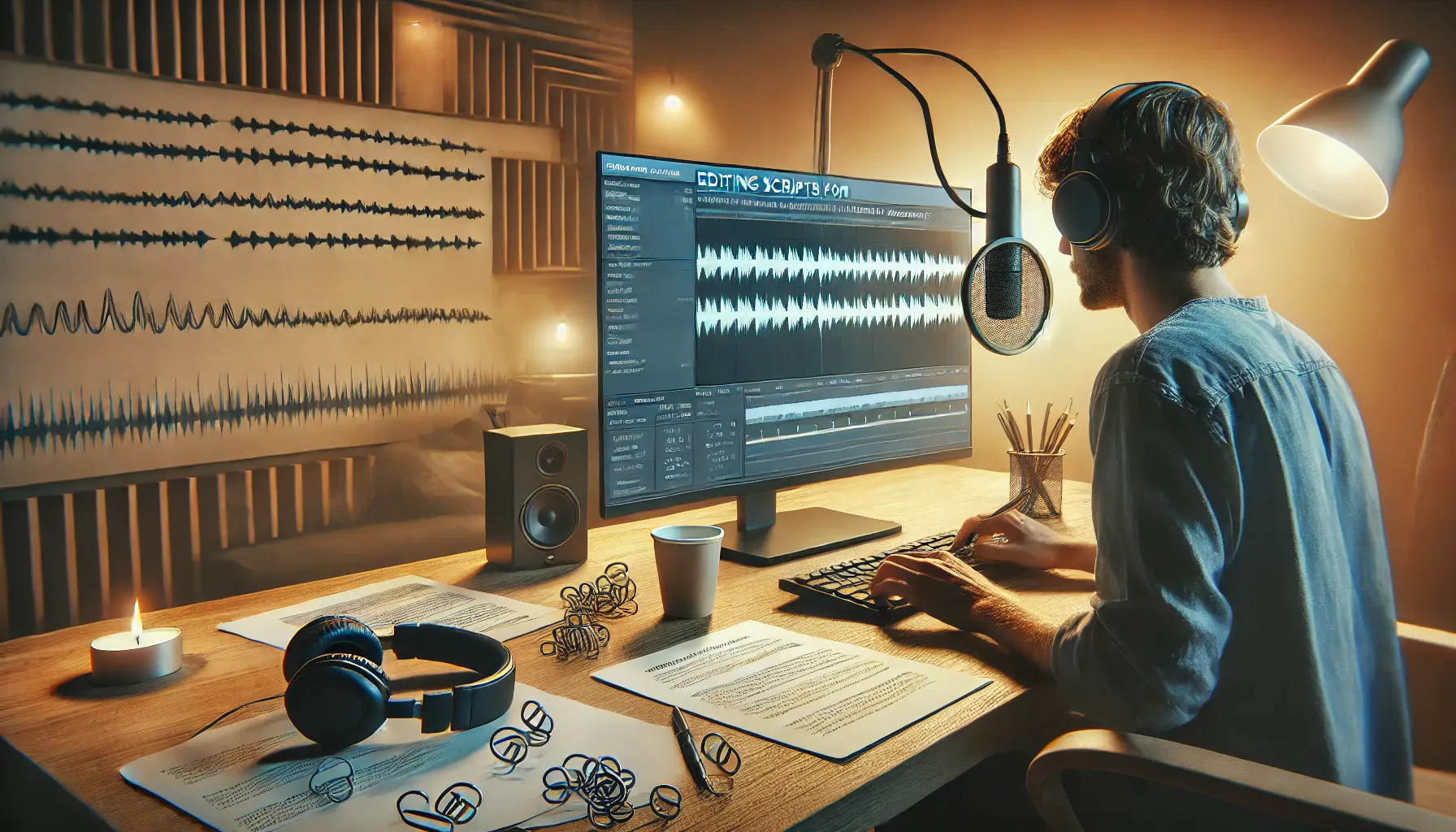 A content editor working at a desk, reviewing and editing a voiceover script on a computer, with headphones, a coffee cup, and a notepad.