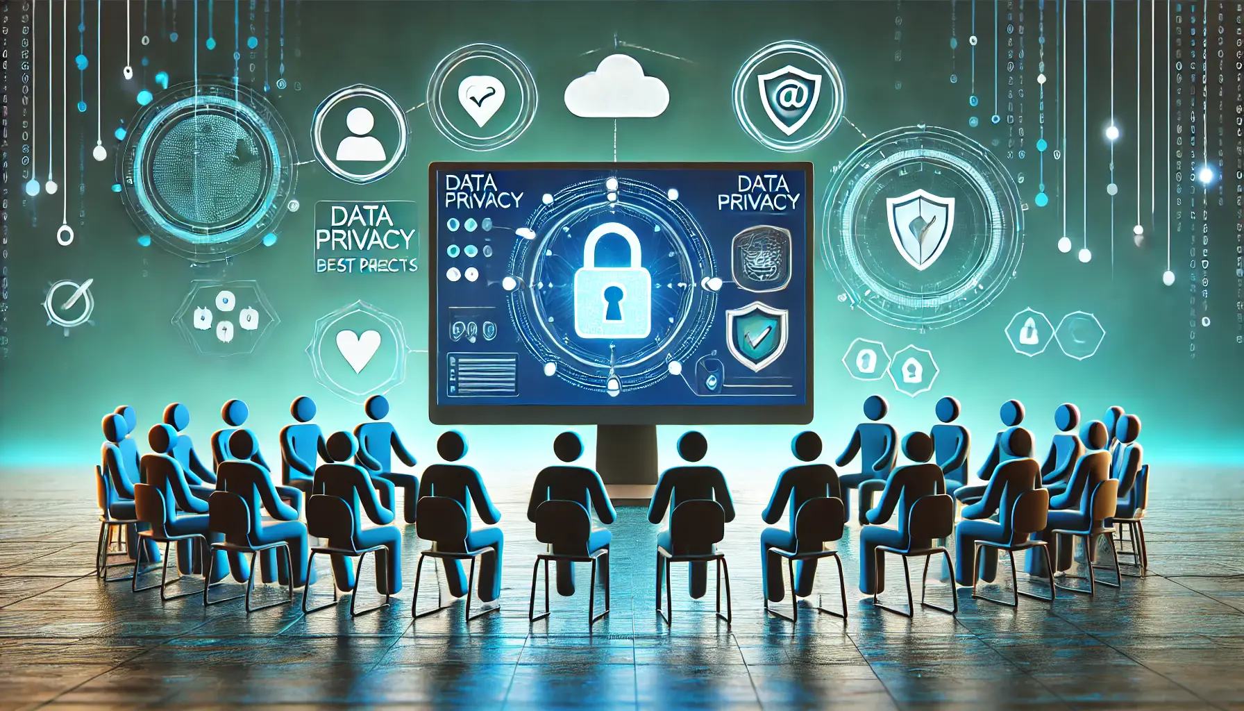 A digital training session with a glowing monitor displaying privacy icons like locks and shields, surrounded by abstract figures representing team collaboration.